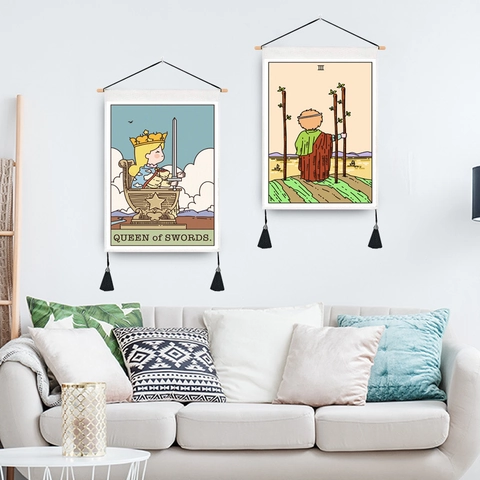 Arazzo Da Parete Tarocchi Tessuto Cotone Polietere Con Bastone In Legno Nappine Nere Illustrazione Decorazione Casa Vintage Nordico