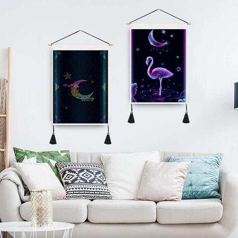 Neon Tapestry Wall Hanging Polyester Cotton With Wooden Rod And Tassels Moon Star Flamingo Mandala Home Decor