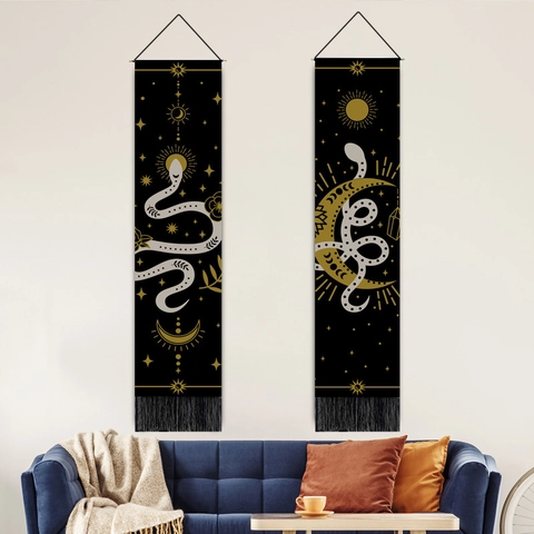 Boho Wandteppich Schlange Mondphasen Baumwolle Leinen Mystische Sonne Stern Wandbehang Mit Holzstange Und Quasten