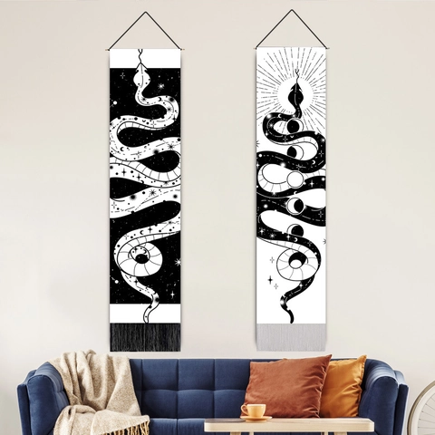 Snake Wall Tapestry Long Vertical Cotton Linen Mystical Moon Phase Stars Art Hanging Painting Boho Room Decor