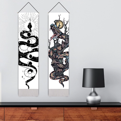Snake Wall Tapestry Long Vertical Cotton Linen Mystical Moon Phase Stars Art Hanging Painting Boho Room Decor