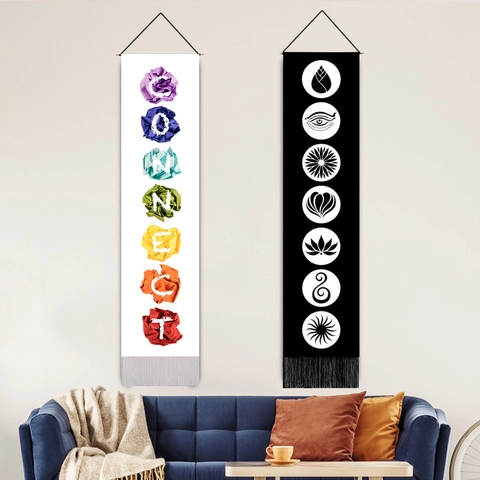 Arazzo Da Parete Verticale Lungo Cotone Lino Decorazione Yoga Meditazione Chakra Mandala Arte Con Nappa E Bastone Di Legno