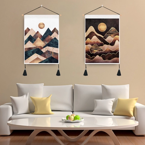 Abstract Mountain Sun Tapestry Wall Hanging Polyester Cotton With Wood Pole And Tassels Modern Geometric Bohemian Decor
