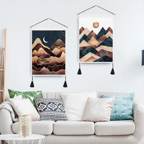 Abstract Mountain Sun Tapestry Wall Hanging Polyester Cotton With Wood Pole And Tassels Modern Geometric Bohemian Decor
