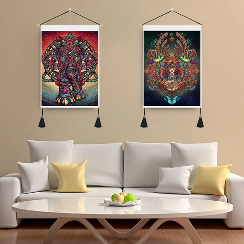 Mystieke Olifant Steampunk Hangende Tapijt Muurkunst Katoen Polyester Stof Print Houten Stok Kwasten Boho Decor