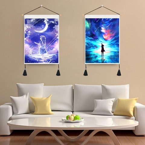 Anime Starry Sky Tapestry Hanging Painting Polyester Cotton Wooden Rod And Tassels Bedroom Living Room Wall Decor