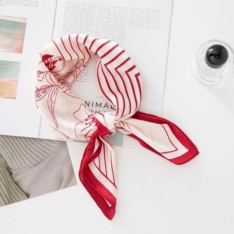 Elegant Satin Square Scarf Floral Stripe Print Fashionable Neck Scarf Lightweight Hair Tie For Women Versatile Bag Accessory