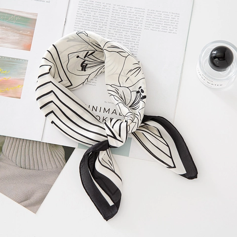 Elegant Satin Square Scarf Floral Stripe Print Fashionable Neck Scarf Lightweight Hair Tie For Women Versatile Bag Accessory