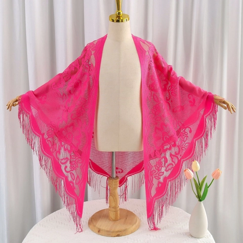 Elegant Women Lace Floral Triangle Scarf Shawl Stylish Tassel Fringe Hollow Out Wrap Breathable Polyester Wrap For Wedding Party
