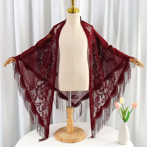 Elegant Women Lace Floral Triangle Scarf Shawl Stylish Tassel Fringe Hollow Out Wrap Breathable Polyester Wrap For Wedding Party