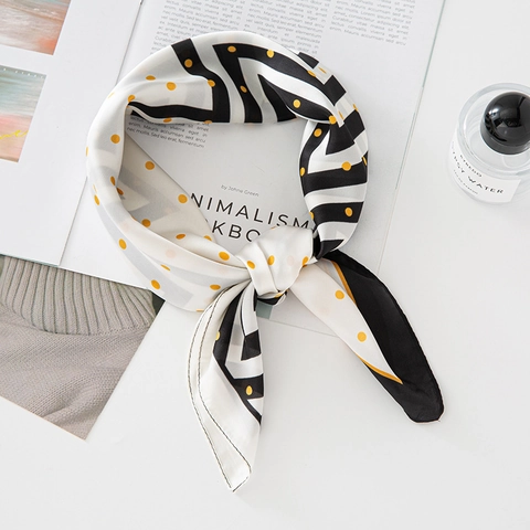 Women Square Scarf Simulation Satin Polka Dot Striped Geometric Headscarf Neck Tie Hair Band Bag Accessory Elegant Fashion