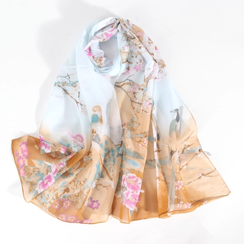 Sciarpa In Chiffon Da Donna Stampa Uccello Gazza Fiore Leggero Traspirante Sfumato Scialle Protezione Solare Elegante