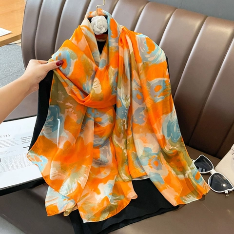 Women Floral Scarf Polyester Lightweight Sunscreen Beach Shawl Fashion Printed Soft Long Wrap For Lady