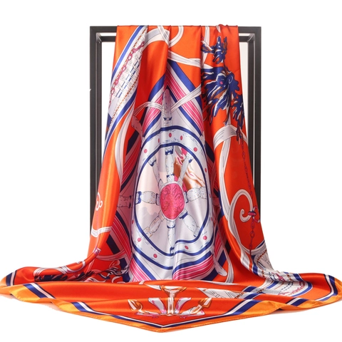 Fashion Nautical Print Square Scarf Elegant Satin Satin Like Head Neck Wrap For Women Elegant Anchor Helm Pattern