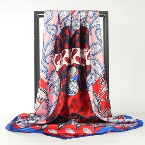 Women Elegant Faux Satin Satin Square Scarf Paisley Print French Style Hair Head Neck Wrap Shawl Accessory