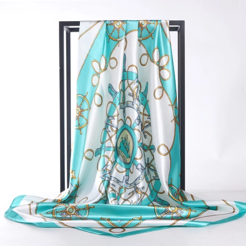 Elegante Foulard Quadrato Con Stampa Nautica Raso Satinata Liscia Motivo Ancora Bussola Per Donna Accessorio Ufficio