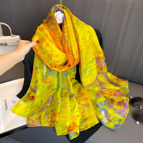 Oversized Satijnachtige Sjaal Polyester Olieverfprint Lange Sjaal Zonbescherming Stranddoek Dames Elegant
