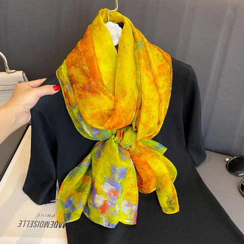 Oversized Satijnachtige Sjaal Polyester Olieverfprint Lange Sjaal Zonbescherming Stranddoek Dames Elegant