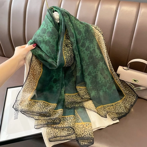 Emerald Green Imitation Satin Scarf Shawl For Women Large Long Elegant Leopard Print Floral Pattern Vintage Wrap
