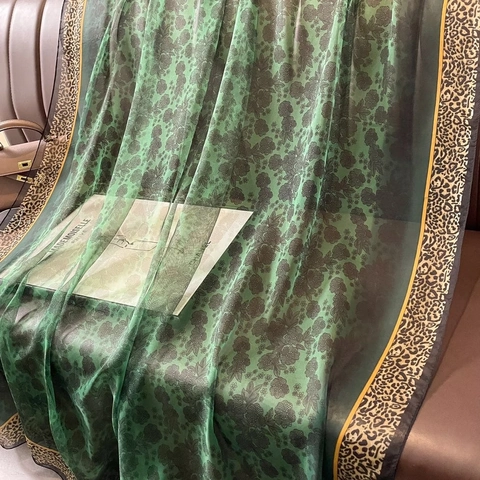 Emerald Green Imitation Satin Scarf Shawl For Women Large Long Elegant Leopard Print Floral Pattern Vintage Wrap