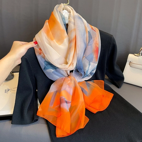 Women Elegant Floral Print Long Scarf Shawl Lightweight Sun Protection Polyester Imitation Satin Wrap For Summer Fashion