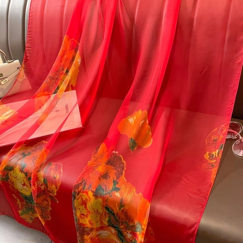 Damen Großer Blumendruck Schal Polyester Leicht Seidig Gefühl Stola Für Strand Reise Pastoraler Stil