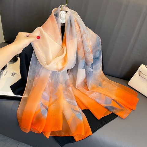 Women Elegant Floral Print Long Scarf Shawl Lightweight Sun Protection Polyester Imitation Satin Wrap For Summer Fashion