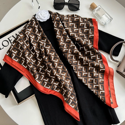 Eleganter Quadratischer Satinnschal Polyester Twill Satin Geometrischer Alphabet Print Vielseitiges Mode Halstuch Damen