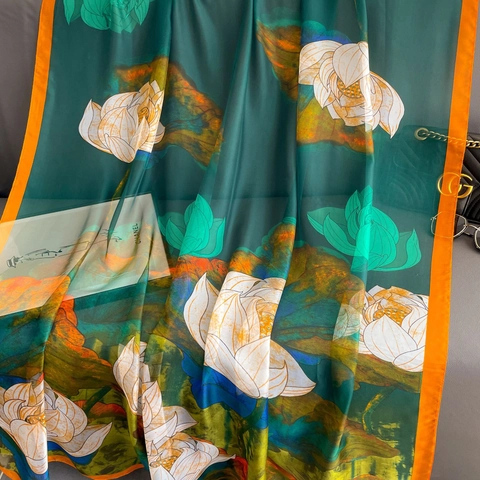 Chal Bufanda De Satén De Imitación De Gran Tamaño Elegante Estampado Floral De Loto Protección Solar Para Mujer