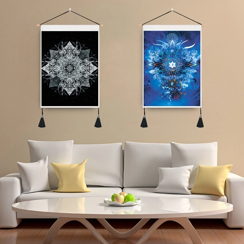 Boheems Mandala Wandtapijt Polyester Katoenmix Decoratieve Stof Met Houten Roede Kwastjes Interieur Decoratie