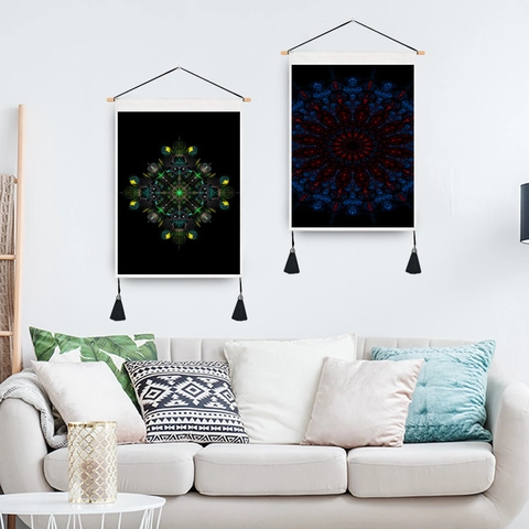 Boheems Mandala Wandtapijt Polyester Katoenmix Decoratieve Stof Met Houten Roede Kwastjes Interieur Decoratie