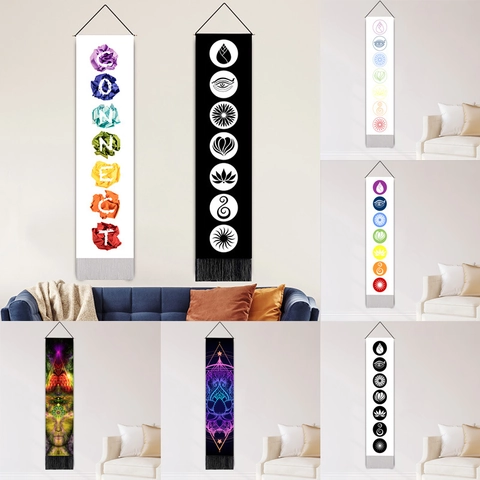 Arazzo Da Parete Verticale Lungo Cotone Lino Decorazione Yoga Meditazione Chakra Mandala Arte Con Nappa E Bastone Di Legno