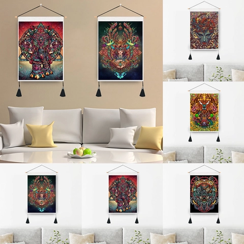 Mystieke Olifant Steampunk Hangende Tapijt Muurkunst Katoen Polyester Stof Print Houten Stok Kwasten Boho Decor