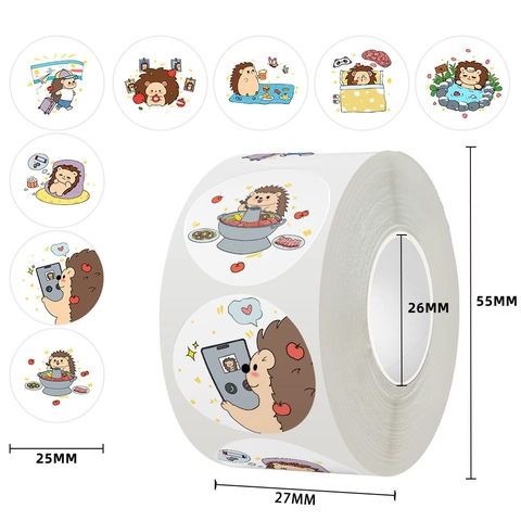 Rouleau d'Autocollants Hérisson de Dessin Animé Vie Quotidienne Ronds Illustration d'Animaux Mignons Étiquettes Décoratives