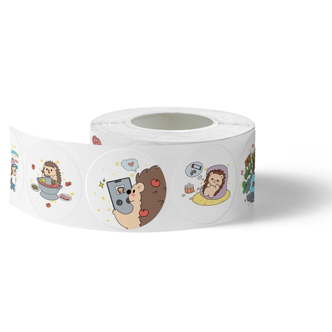 Rouleau d'Autocollants Hérisson de Dessin Animé Vie Quotidienne Ronds Illustration d'Animaux Mignons Étiquettes Décoratives