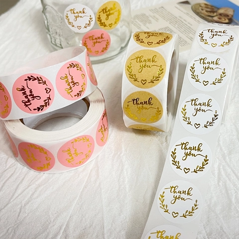 Autocollants Merci Rouleau Dorure À Chaud Papier Kraft Étiquette Ronde Branche D'olivier Pour Emballage Cadeau Sceau Enveloppe