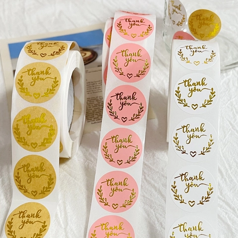 Autocollants Merci Rouleau Dorure À Chaud Papier Kraft Étiquette Ronde Branche D'olivier Pour Emballage Cadeau Sceau Enveloppe