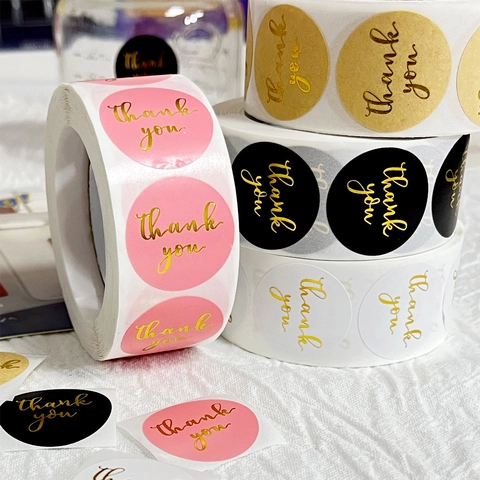 Round Thank You Stickers Gold Foil Hot Stamping Sealing Labels For Wedding Gift Box Envelope Baking Packaging Decoration