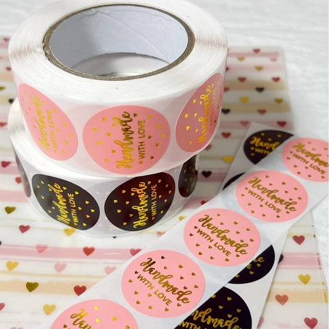 Runde Siegelaufkleber Goldfolie Handmade With Love Herzmuster Selbstklebende Etiketten Für Geschenkverpackungen Hochzeitsumschläge
