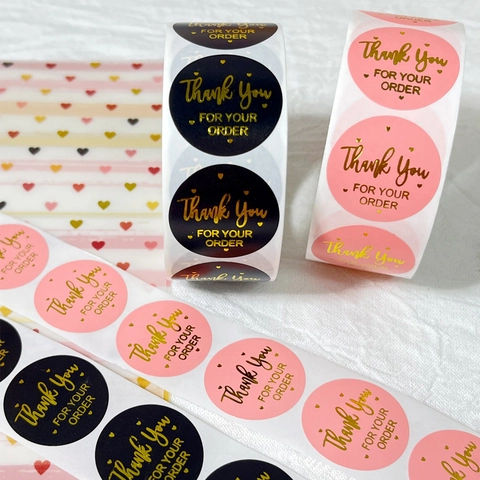 Autocollants Merci Pour Votre Commande Étiquettes Rondes En Feuille D'or Motif Coeur Emballage Scellage Pour Petites Entreprises Mariages Enveloppes Rose Noir
