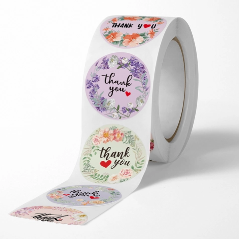 Round Thank You Stickers Floral Adhesive Labels For Wedding Gift Wrapping Business Envelope Sealing Decoration Roll