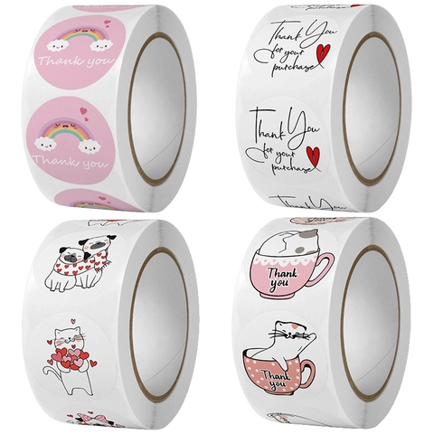 Round Thank You Stickers Cartoon Cat Dog Rainbow Hand Drawn Cute Decorative Labels For Gift Packaging DIY Decoration Roll