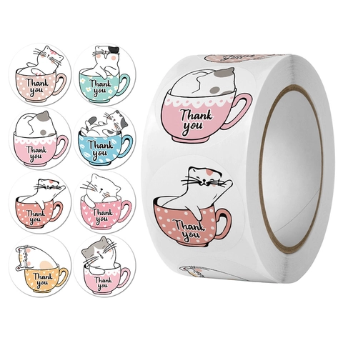 Étiquettes Autocollantes Rondes Thank You Motif Chat Dessin Animé Dans Une Tasse Papier Couché Pour Emballage Cadeau Scellage Enveloppe Mignon