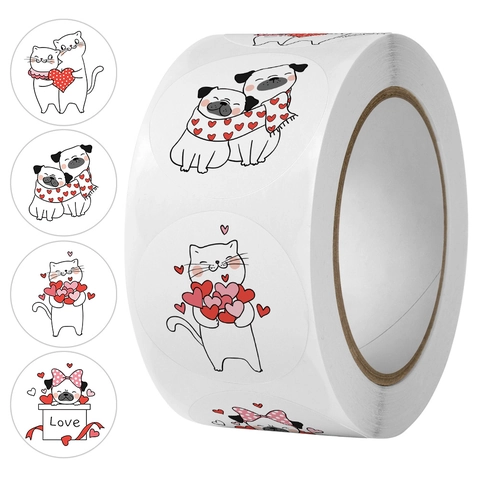 Autocollants Ronds Auto-Adhésifs Motif Chat Chien Animal Dessin Animé Pour Emballage De Cadeau Et Scellage D'Enveloppe