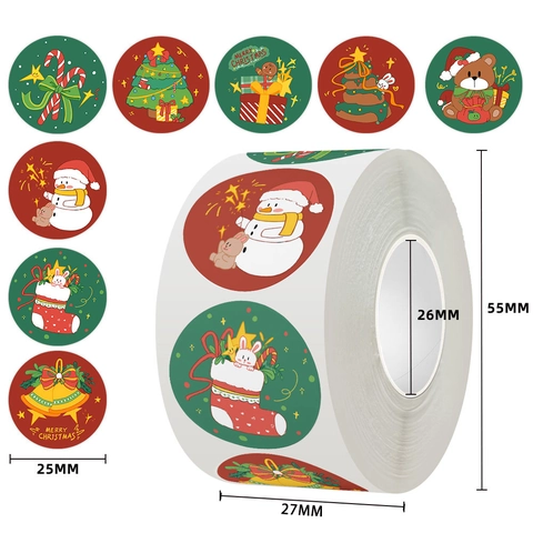 Rouleau d'Autocollants de Noël Dessins Animés Étiquettes Rondes Motifs Bonhomme de Neige Renne Pour Scellage de Boîte Cadeau Scrapbooking Autocollants Décoratifs