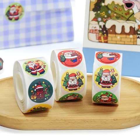 Autocollants De Noël Étiquettes Cadeaux Rondes Cartoon Père Noël Bonhomme Pain Épices Décor Emballage