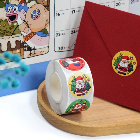 Autocollants De Noël Étiquettes Cadeaux Rondes Cartoon Père Noël Bonhomme Pain Épices Décor Emballage