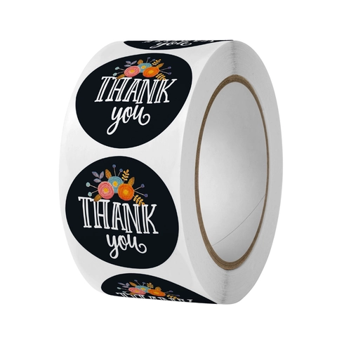 Round Black Floral Thank You Stickers Roll For Gift Packaging Wedding Party Decoration Sealing Labels Handmade Business Labels
