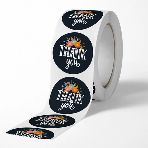 Round Black Floral Thank You Stickers Roll For Gift Packaging Wedding Party Decoration Sealing Labels Handmade Business Labels
