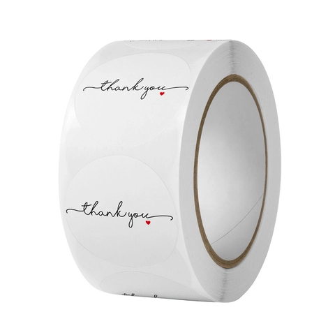 Autocollants Ronds Merci Papier Couché Blanc Motif Cœur Rouge Étiquettes de Scellage pour Emballage Cadeau Enveloppes Professionnelles Rouleau